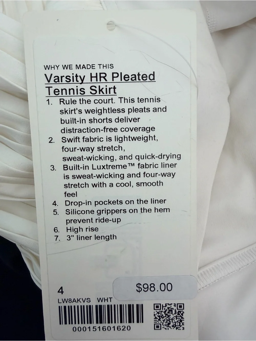 Lululemon White Pleated Tennis Skirt sz 4